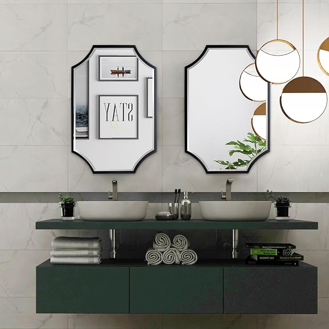 Kelly Miller 30"x40" Large Black Bathroom Mirror for Wall, Gold Scalloped Vanity Mirror Bevelled Framed Decorative Mirror for Master Bath Half Bath Entrance Hallway Fireplace Bedroom Living Room