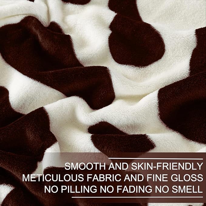 Richave Fleece Cow Print Blanket for All Season - Premium Lightweight Anti-Static Brown and Ivory Twin/Twin XL Size Extra Long Blankets, Bedroom Decor 66" x 90"(Brown Cow)