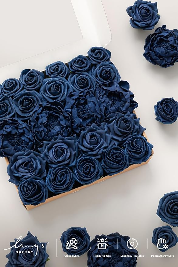 Ling's Moment Artificial Flowers Fake Roses Faux Foam Peony Combo for DIY Wedding Bouquets Centerpieces Arrangements Bridal Shower Party Home Decorations, Navy Blue, 24pcs