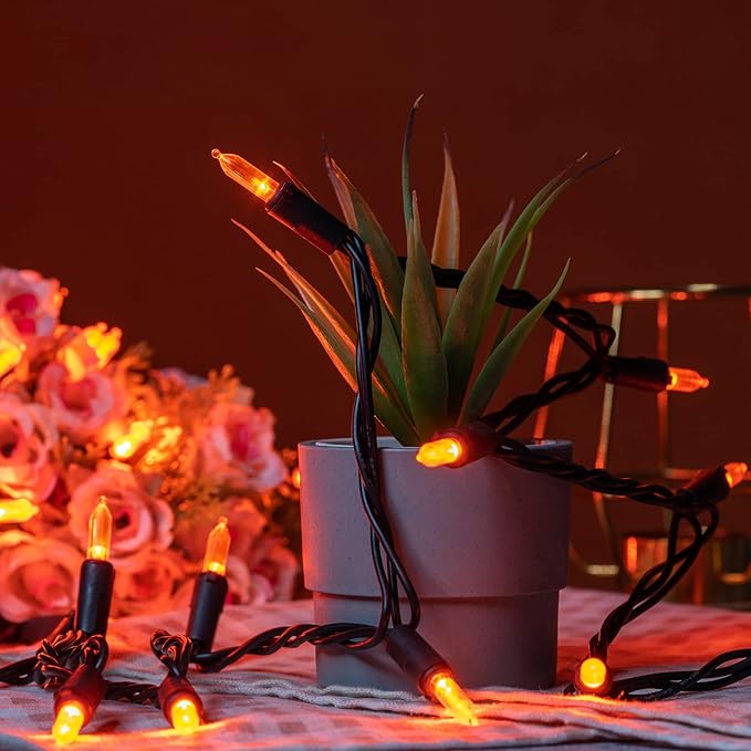 YULETIME Orange String Lights with Black Wire, 66 ft 200 Count UL Certified Christmas Light, Pack of 2 Sets 33 ft 100 Light Set for Halloween Fall Holidays (Orange)