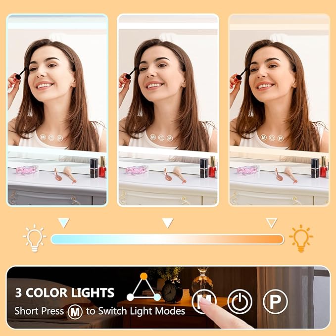 23" x 18" Vanity Mirror with Lights, Led Makeup Mirror, Lighted Makeup Mirror with 3 Color Dimmable Lights, Smart Touch Screen Control, Aluminum Metal Frame,USB Charging Port