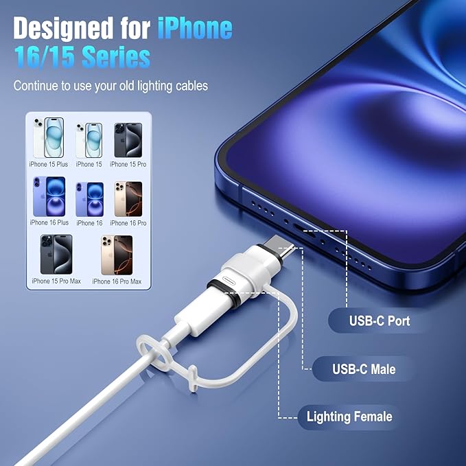 TiMOVO for Lightning to USB C Adapter, 2 Pack USB C Male to Lighting Female Adaptrer with 36W Fast Charging & Data Sync for iPhone 15/16 Pro/Pro Max/Plus, Galaxy S24/23, iPad, NOT for Audio/OTG, White