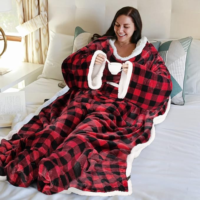 Catalonia Sherpa Wearable Blanket with Sleeves & Foot Pockets for Adult Women Men, Comfy Snuggly Wrap Sleeved Throw Blanket Robe, Gift Idea, Red Checker Plaid