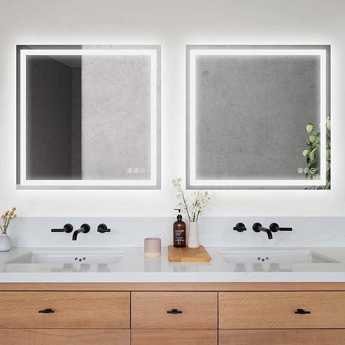 Wall-Mounted LED Square Bathroom Mirror, Makeup Mirror (36 inches x 36 inches,) 3 Color Dimming Bathroom Vanity Mirror with Lights Smart Mirror with Touch