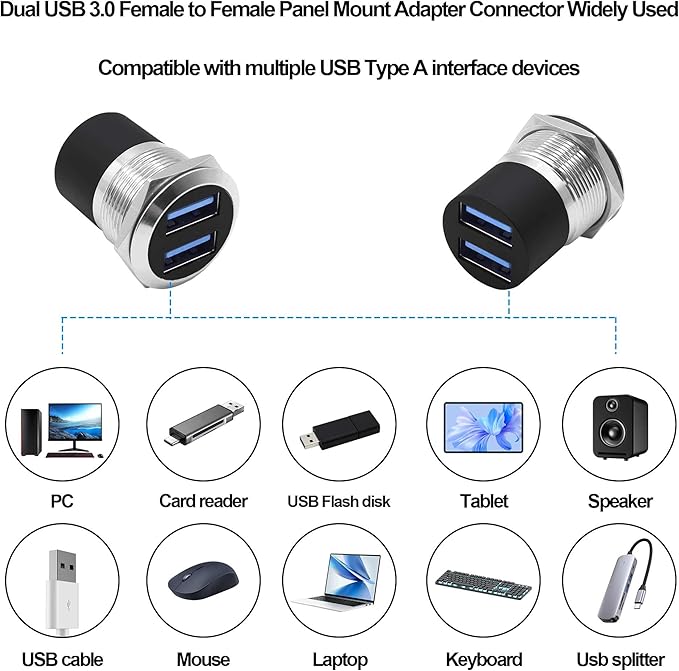 Dual USB 3.0 Panel Mount Adapter USB Type A Dual Female to 2 Female Coupler Threaded Fixed Bulkhead Mount Embedded Round Pass Though Connector for Data Transfer/Charging -Silver (Round)