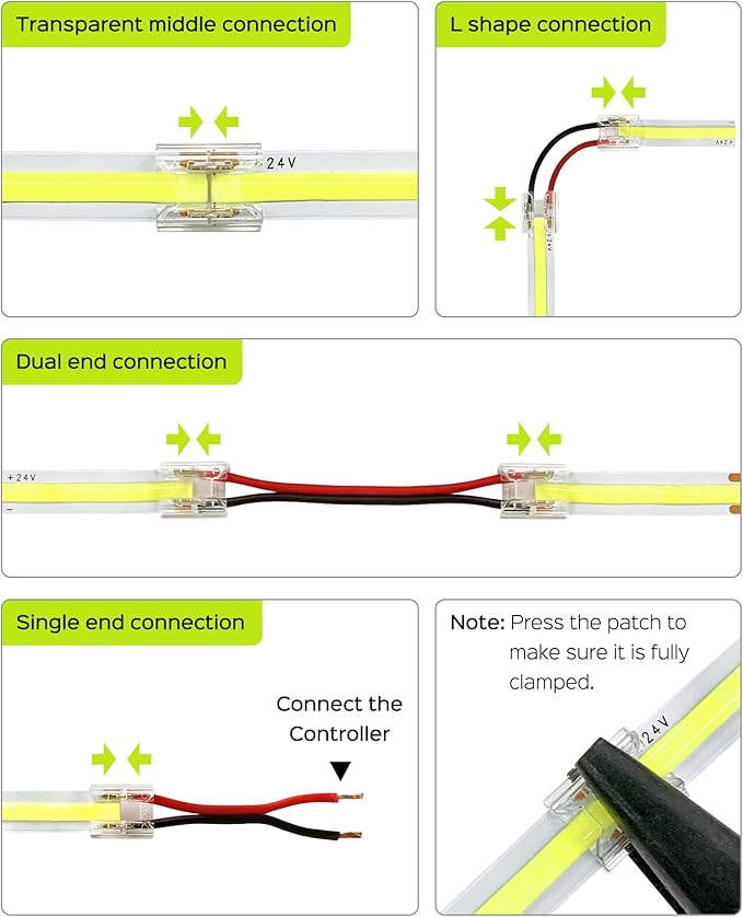 JACKYLED 8mm 2Pin FCOB COB LED Light Strip Connectors Kit, 16pcs Transparent Connectors & 5pcs 15cm Long 22AWG Extension Wires for Gapless Connection, FCOB 2 pin Single Color Strip Corner Connection