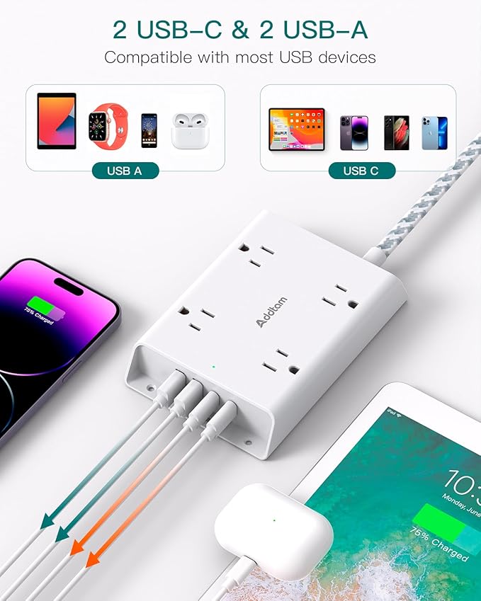 Surge Protector Power Strip 10 ft, Addtam Flat Plug Extension Cord with 4 USB Wall Charger(2 USB C Port), 4 Widely Outlets Desk Charging Station, Home Office and College Dorm Room Essentials
