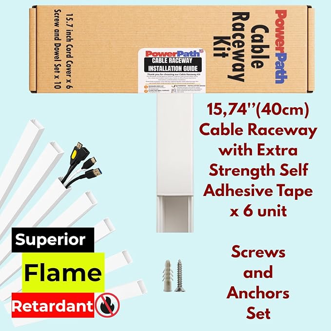 Cable Management Kit | 6 Pack x 15.7” (40cm) PVC Cable Raceway with Screws and Anchors | Paintable Wall Cord Cover for TV, Computer, and Home Office | Home Office Essentials