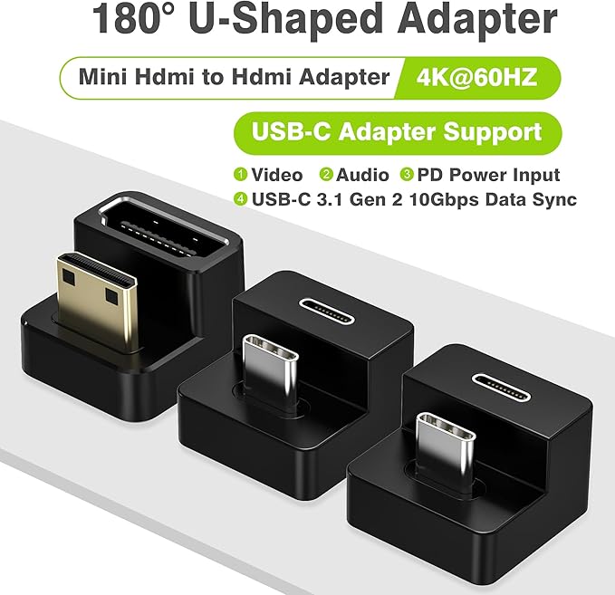 AGVEE 180 Degree Angled USB-C to USB-C Adapter and Short Side Inward U-Shaped Mini HDMI to HDMI Converter, HDMI 2.0 4k@60HZ, Coupler Extender Extension for Portable Display Monitor, Black