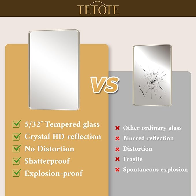 TETOTE Brushed Nickel Bathroom Mirror 40 x 24 Inch Brushed Nickel Metal Framed Bathroom Mirror, Tempered Glass, Modern Farmhouse Wall Mounted Mirror for Decorative(Horizontal/Vertical)