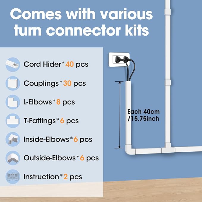 630in Cord Hider Kit, Paintable Cable Raceway, Cord Covers for Wires on Wall, Cord Hider for Wall Mount tv, tv Cable Hider Wall kit, Wire Covers for Cords, 40X L15.7in X W0.96in X H0.57in, White