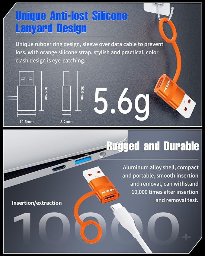 USB to USB C Adapter 2 Pack,5Gbps USB C Female to USB 3.0 Male Adapter,Fast Charging Type C Charge Converter for M-acBook,Phone 15 16 17,Pad,A-pple Watch,A-irpods,G-alaxy,Anti-Lost Loop Orange