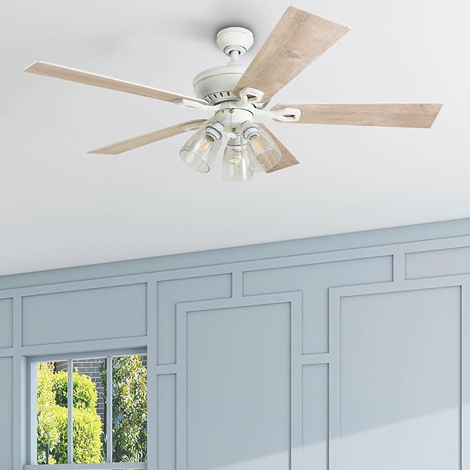 Prominence Home Glenmont, 52 Inch Farmhouse LED Ceiling Fan with Light, Pull Chain, Three Mounting Options, Dual Finish Blades, Reversible Motor - 50389-01 (Distressed White)