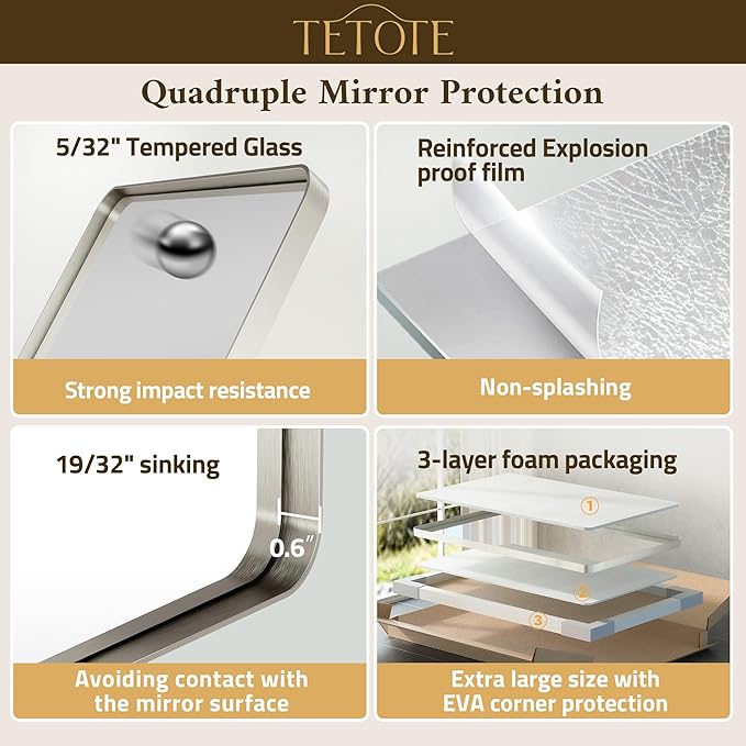 TETOTE Brushed Nickel Mirror 24 x 30 Brushed Nickel Metal Framed Bathroom Mirror, Tempered Glass, Modern Farmhouse Wall Mounted Mirror for Decorative(Horizontal/Vertical)