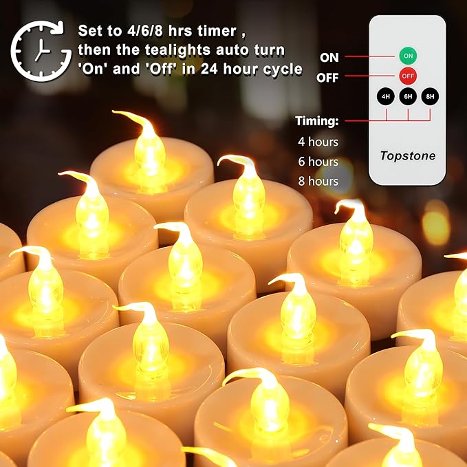 Topstone 12 Pack Battery Operated Flickering Flameless Candles with Remote Control and Timer, Warm Yellow Light, Perfect for Wedding and Festival Decoration