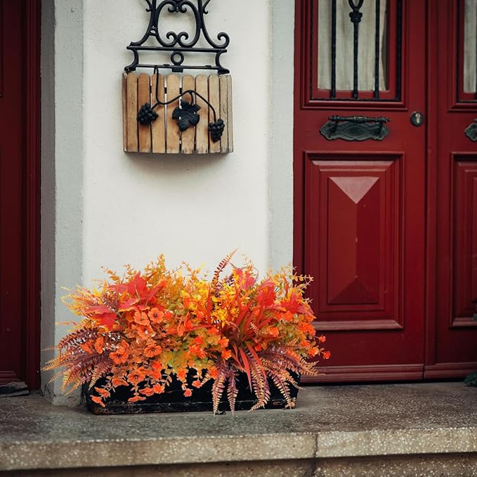 15PCS Artificial Fall Plants for Outdoors, Orange Fake Grass Plants Flowers for Autumn Decorations, UV Resistant Faux Foliage Greenery Bushes for Window Porch Garden Yard Décor