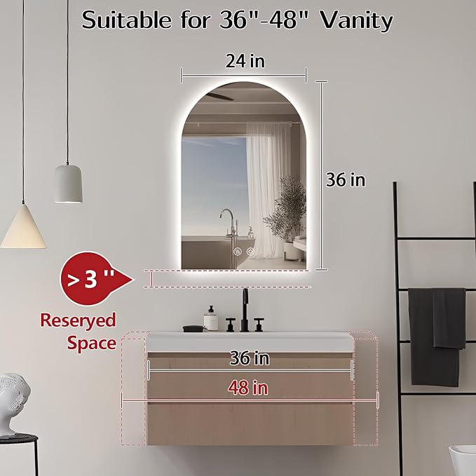 Niccy Arched LED Bathroom Mirror, 36x24 Inch Arch Frameless Backlit Mirrors for Wall Arched Lighted Vanity Mirrors Defogger and 3 Color, Explosion-Proof, HD Glass and IP65 Waterproof