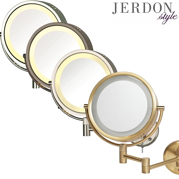 JERDON Two-Sided Wall-Mounted Makeup Mirror with Lights - Direct-Wired Lighted Makeup Mirror with 8X Magnification - 8.5-inch Diameter Mirror with Bronze Finish Wall Mount - Model HL75BZD