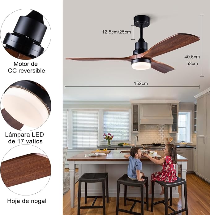 BOJUE 60 Inch Ceiling Fans with Lights and Remote Control, Dimmable LED Light,Quite DC Motor, Indoor Outdoor Wood Ceiling with 3 Blade Fan for Patio Living Room, Bedroom, Office, Summer House