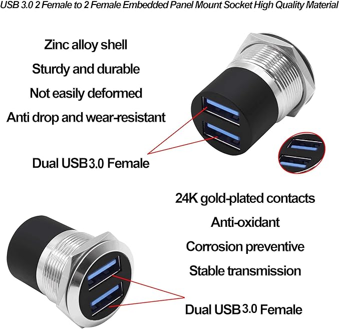 Dual USB 3.0 Panel Mount Adapter USB Type A Dual Female to 2 Female Coupler Threaded Fixed Bulkhead Mount Embedded Round Pass Though Connector for Data Transfer/Charging -Silver (Round)
