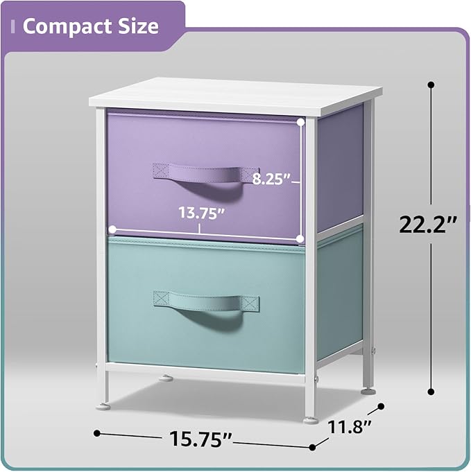 Sorbus Nightstand with 2 Drawers - Kids Bedside Furniture End Table Night Stand - Steel Frame, Wood Top & Easy Pull Fabric Bins - Dresser & Chest for Home, Bedroom Accessories, Office & College Dorm
