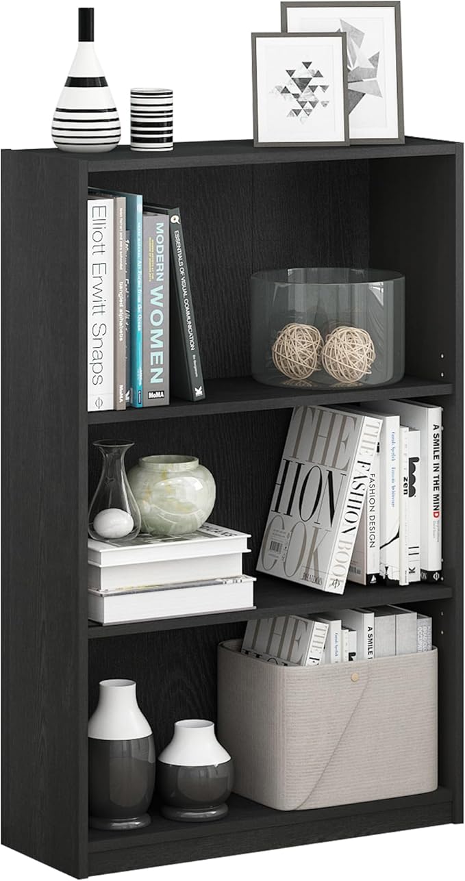 Furinno JAYA Book Shelf, 3-Tier Bookshelf, Bookcase with Adjustable Shelves, 9.5 x 24.5 x 40.3, for Living Room, Bedroom, Home Office, Blackwood