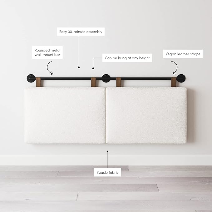Nathan James Charlie Wall Mount Hanging Upholstered Headboard, Queen, White Boucle with Brown Faux Leather Straps
