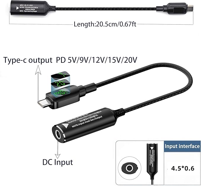 140W DC4530 to USB C PD Cable DC 4.5mm x 3.0mm Female(4.5 x 0.6mm) Input to Type C Male Power Charging Cable with Charging Voltage Current watt Display Real time,for Phones,Tablets,Laptops