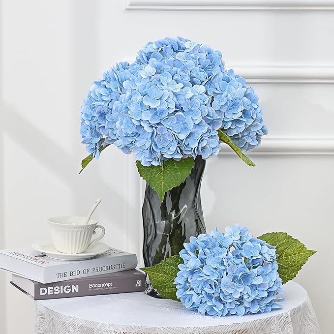 MARTINE MALL 2Pcs 21in Hydrangea Artificial Flowers, Latex Real Touch Hydrangeas Lifelike Large Hydrangea Flowers for Home Decor Party Arrangements Wedding Bouquets Centerpieces (Blue)