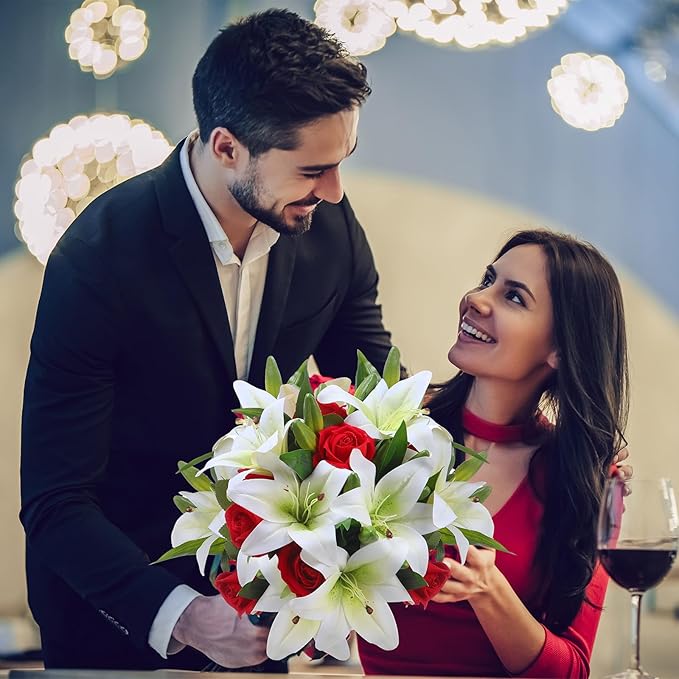 Hotop 20 Pcs Artificial Flowers Velvet Realistic Roses and Latex Lilies Flowers Bouquet Decorations Arrangements for Home Table Centerpieces Independence Day(White, Red)