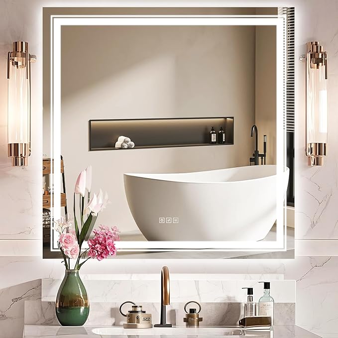 36x36 LED Mirror for Bathroom with Front and Backlit Light Up Digital Mirrors for Wall,Anti Fog,Stepless Dimmable,Tempered Silver Glass Smart Vanity Mirror for Bathroom