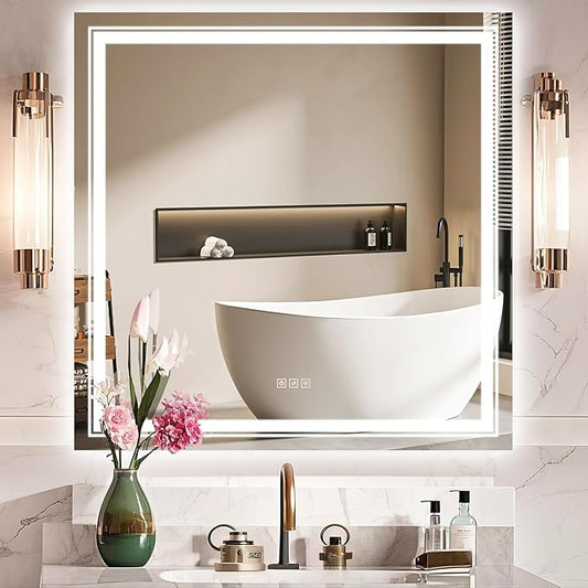 36x36 LED Mirror for Bathroom with Front and Backlit Light Up Digital Mirrors for Wall,Anti Fog,Stepless Dimmable,Tempered Silver Glass Smart Vanity Mirror for Bathroom