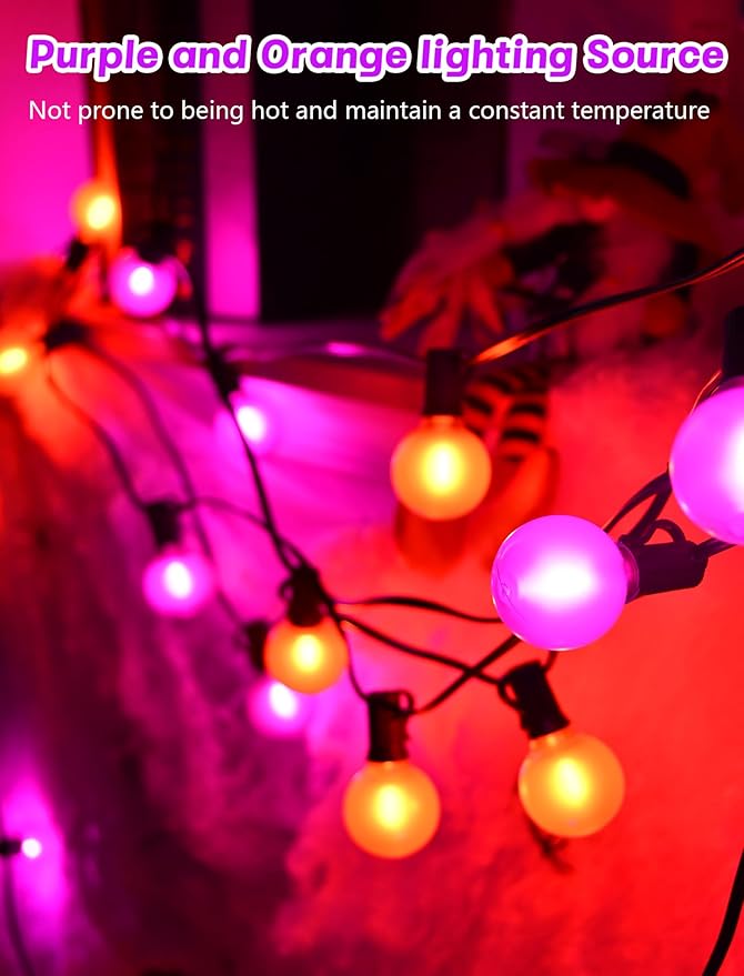 SUNSGNE 25ft Halloween String Lights Outdoor - G40 LED Orange and Purple String Lights with 27 Frosted Globe Bulbs(2 Spare), Vintage Halloween Decorations for Patio Balcony Porch Yard