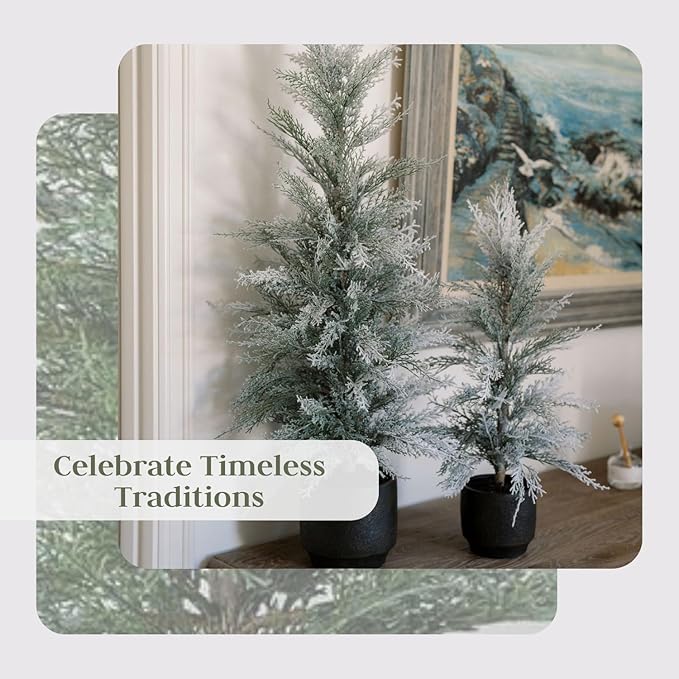 CG Hunter Holiday Collection, Set-of-1 Faux Flocked Cedar Tree, Premium Artificial Indoor Flocked Cedar Tree Stands 36" Tall in Pot–Perfect Christmas Decoration