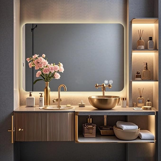 36''x24'' Lighted Mirrors for Bathroom Wall Backlit Rectangular Rounded Corners, LED Bathroom Mirror Frameless with Lights Anti Fog, Dimmable, 3 Colors,Tempered Glass, Shatter-Proof (Color 2)