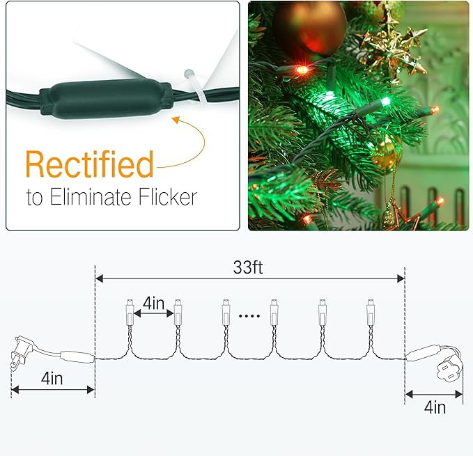 Brizled Red & Green Christmas Lights, 33ft 100 LED 5MM Christmas String Lights, Wide Angle Mini Xmas Lights Connectable, UL Listed Tree Light for Indoor Outdoor Xmas Room Party Decor, Green Wire
