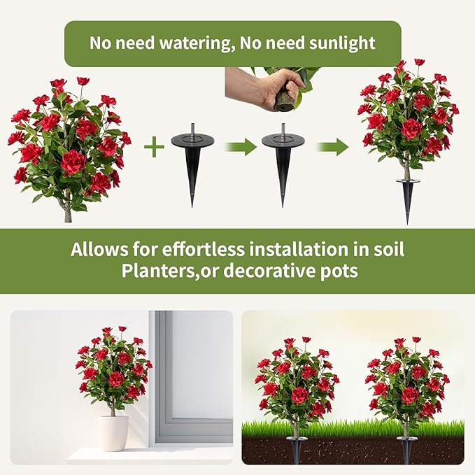 Artificial Camellia Tree 2 Pack with Spike, Artificial Plants Outdoor Faux Floral Plant in Cement Pot Fake Silk Camellia Tree Plants for Home House Living Room Office Decor