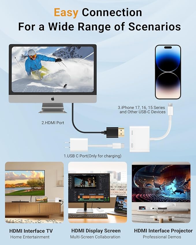 USB C to HDMI Adapter, Type C to 4K HDMI Adapter with 100W PD Multiport Digital AV Converter for MacBook Pro/air, iPad Pro/air, iPhone 15/16/17, Tablets, Switch and More USB-C Devices