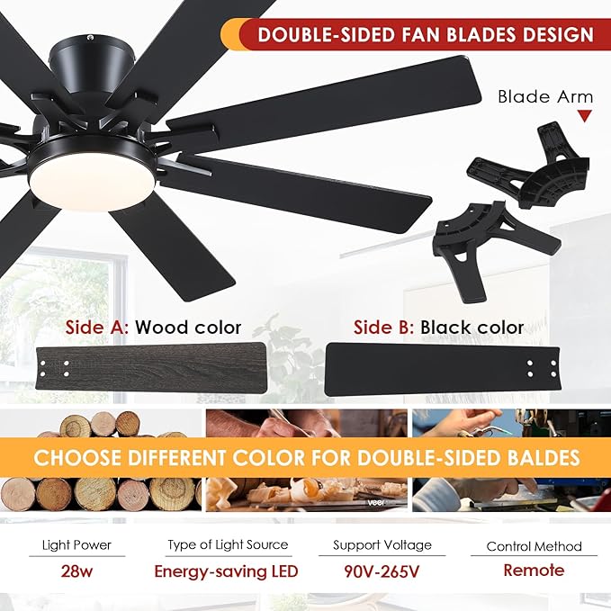 Ceiling Fans with Lights- 52" Low Profile Indoor Ceiling Fan with Light and Remote/APP Control, 8 Blade,Flush Mount, LED Dimmable DC Reversible Modern Ceiling Fan for Bedroom（Black）