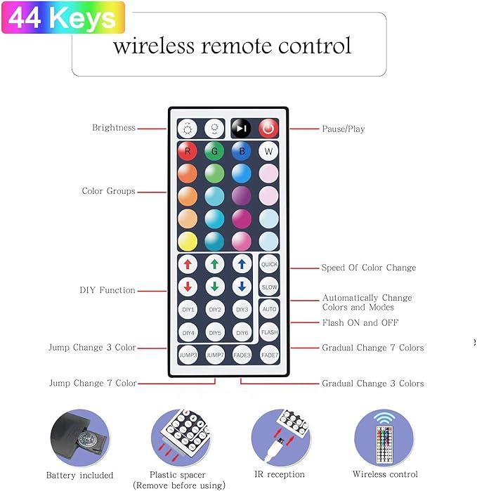 Tenmiro 65.6ft Led Strip Lights, Ultra Long RGB Color Changing LED Light Strips Kit with 44 Keys Ir Remote Led Lights for Bedroom, Kitchen, Home Decoration