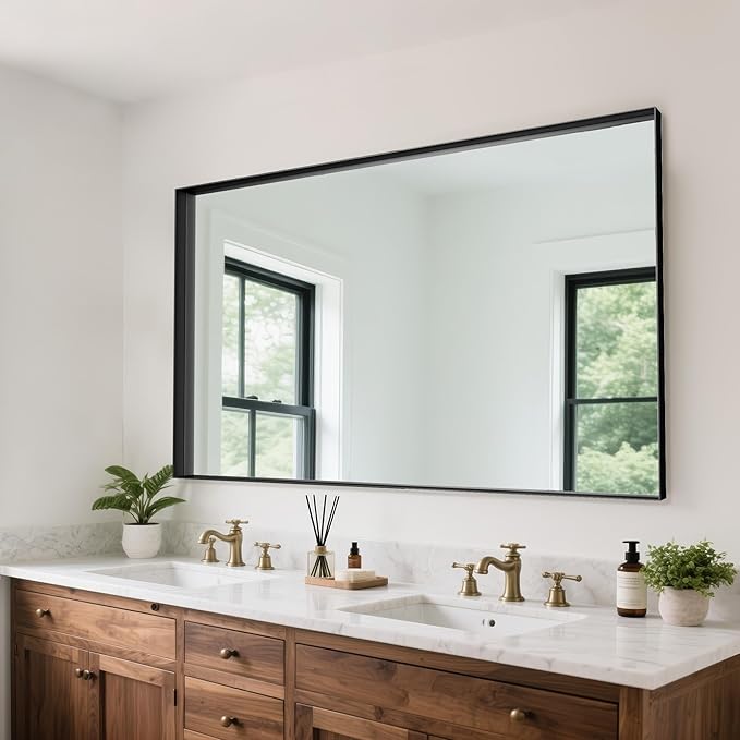Suidia Bathroom Mirror, 60" x 36" Wall Mirror Metal Framed, Bathroom Vanity Mirror for Living Room Bedroom Bathroom Entryway, Black, Rect Corner Style