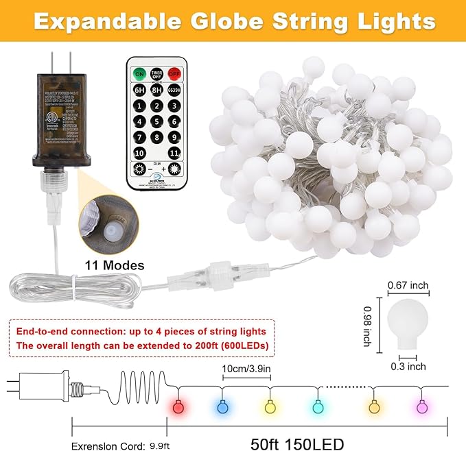 OMIKA 50FT Connectable Globe String Lights Outdoor Waterproof, 150 LED Fairy Lights with Remote Timer, Multicolor and Warm White Plug in Pastel String Lights for Indoor,Bedroom, Party, Classroom Decor