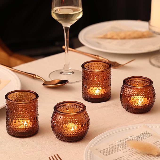 16 Pcs Assorted Amber Candle Holders- Amber Tealight Candle Holder for Fall Wedding Decor, Votive Candle Holders for Fall Home Decorations, Vintage Table Decor