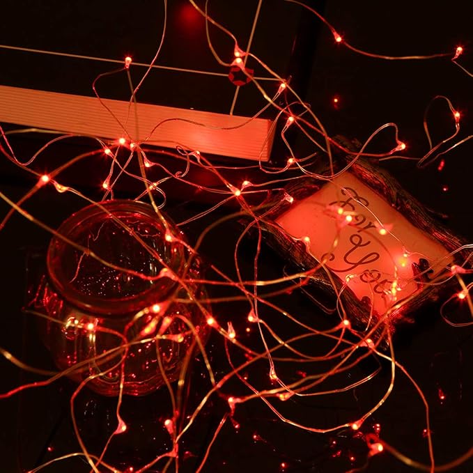 Mikasol Fairy Lights Battery Operated, 1 Pack Mini 3*AAA Battery Powered Copper Wire Led Starry String Lights Firefly Lights for Bedroom, Christmas, Parties, Decoration (5m/16ft Red)