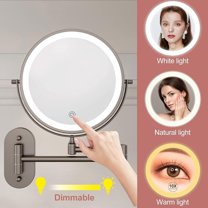 FASCINATE Rechargeable Wall Mounted Lighted Vanity Mirror 8 Inch 1X/10X Magnifying Makeup Mirror with 3 Color Lights, Double Sided Dimmable, 360 Degree Screen Touch,Bathroom Shaving Mirror (GunBlack)