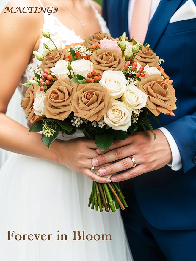 MACTING 60PCS Artificial Flower Roses Real Touch Fake Flowers with Stem Foam Roses for DIY Wedding Bridal Bouquet Table Centerpieces Party Wreath Home Fall Thanksgiving Decorations(Gold Yellow)