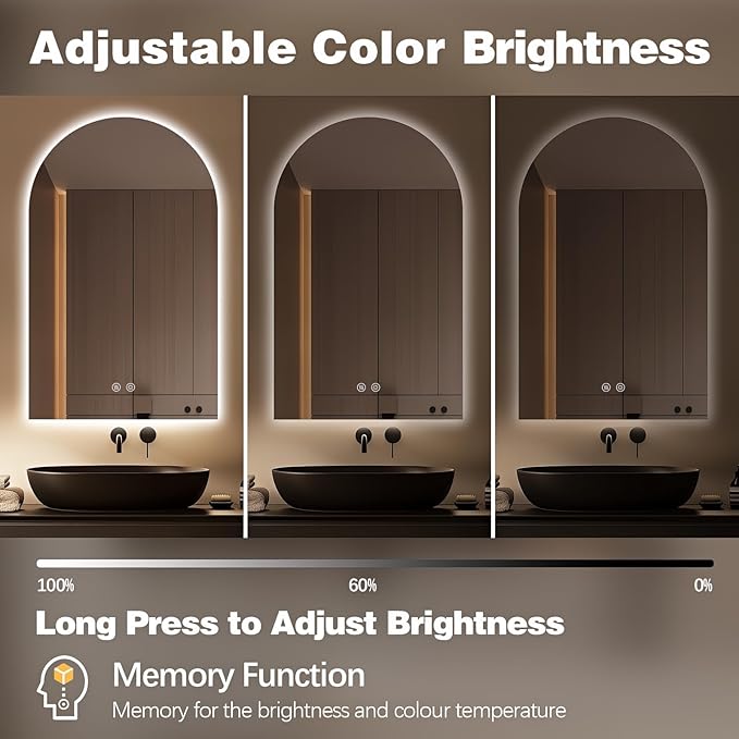 Niccy Arched LED Bathroom Mirror, 48x24 Inch Arch Frameless Backlit Mirrors for Wall Arched Lighted Vanity Mirrors Defogger and 3 Color, Explosion-Proof, HD Glass and IP65 Waterproof