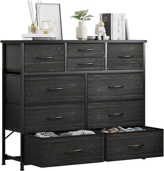 LUMTOK 10-Drawer Dresser, Fabric Dressers Drawers for Bedroom, Hallway, Nursery, Closets, Steel Frame, Wood Top, Easy Pull Handle (Black Wood Veins)