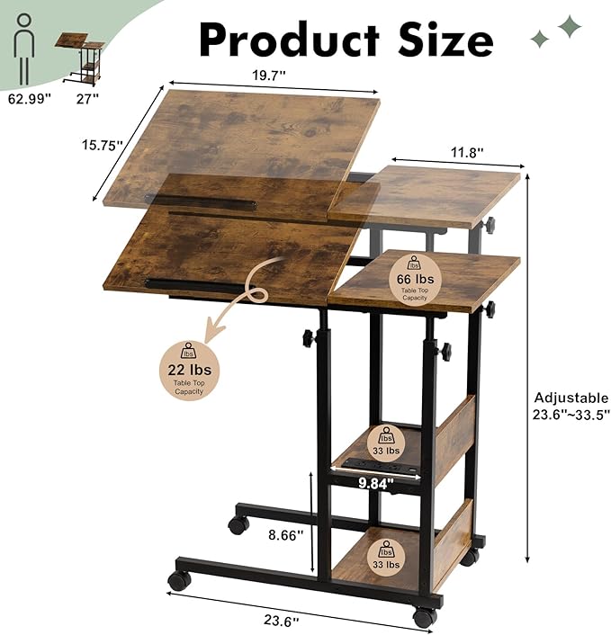 Hadulcet Adjustable C Table with Charging Station, Tiltable Desk C Shaped End Table for Couch, Over Bed Table with Wheels Adjustable Height, Hospital Table Laptop Stand Drawing Desk, Rustic Brown