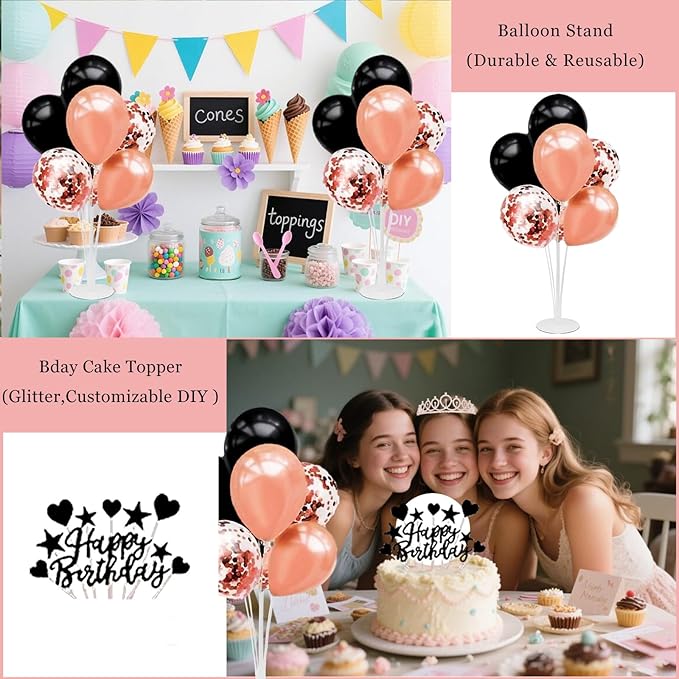 Rose Gold Black Birthday Decorations for Girls Women - 54pcs Happy Birthday Banner, Crown Sash, Cake Topper, Confetti balloons, 3D Butterflies Decor, 4 Balloon Stands kits